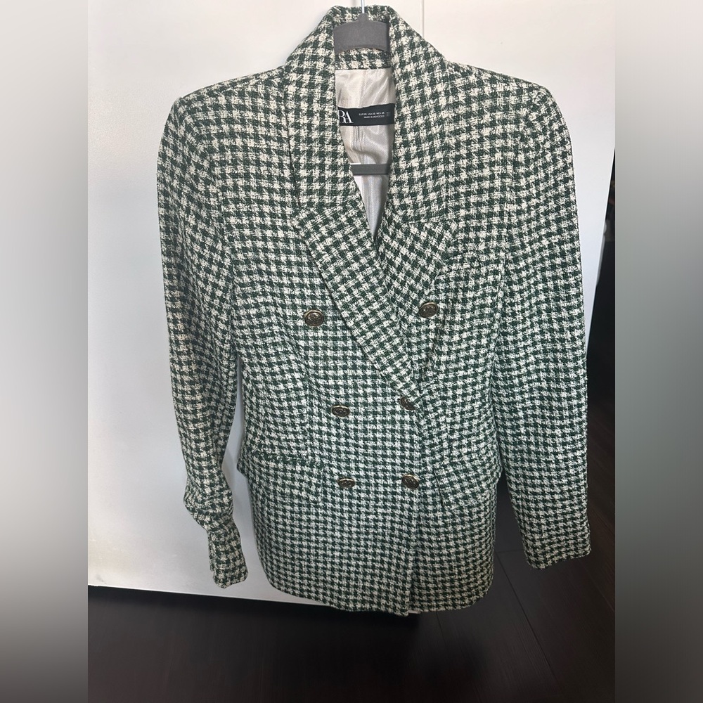 Zara Green and White Houndstooth Blazer